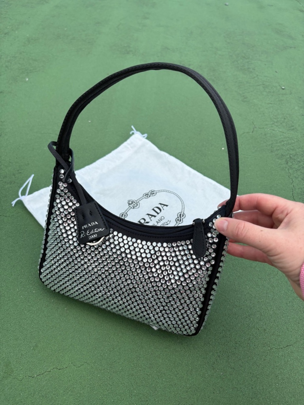 Prada Black Mini Shoulder Bag with Silver Crystal Studs - Picture 6 of 9